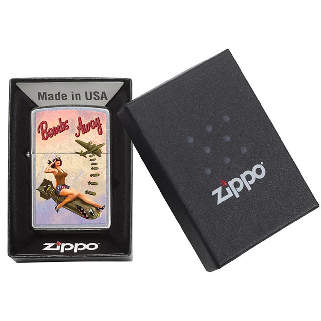 Zippo Windproof Lighter - Pinup Nose Art "Bombs Away Girl" Imprinted Street Chrome - Clinch River Fishing USA