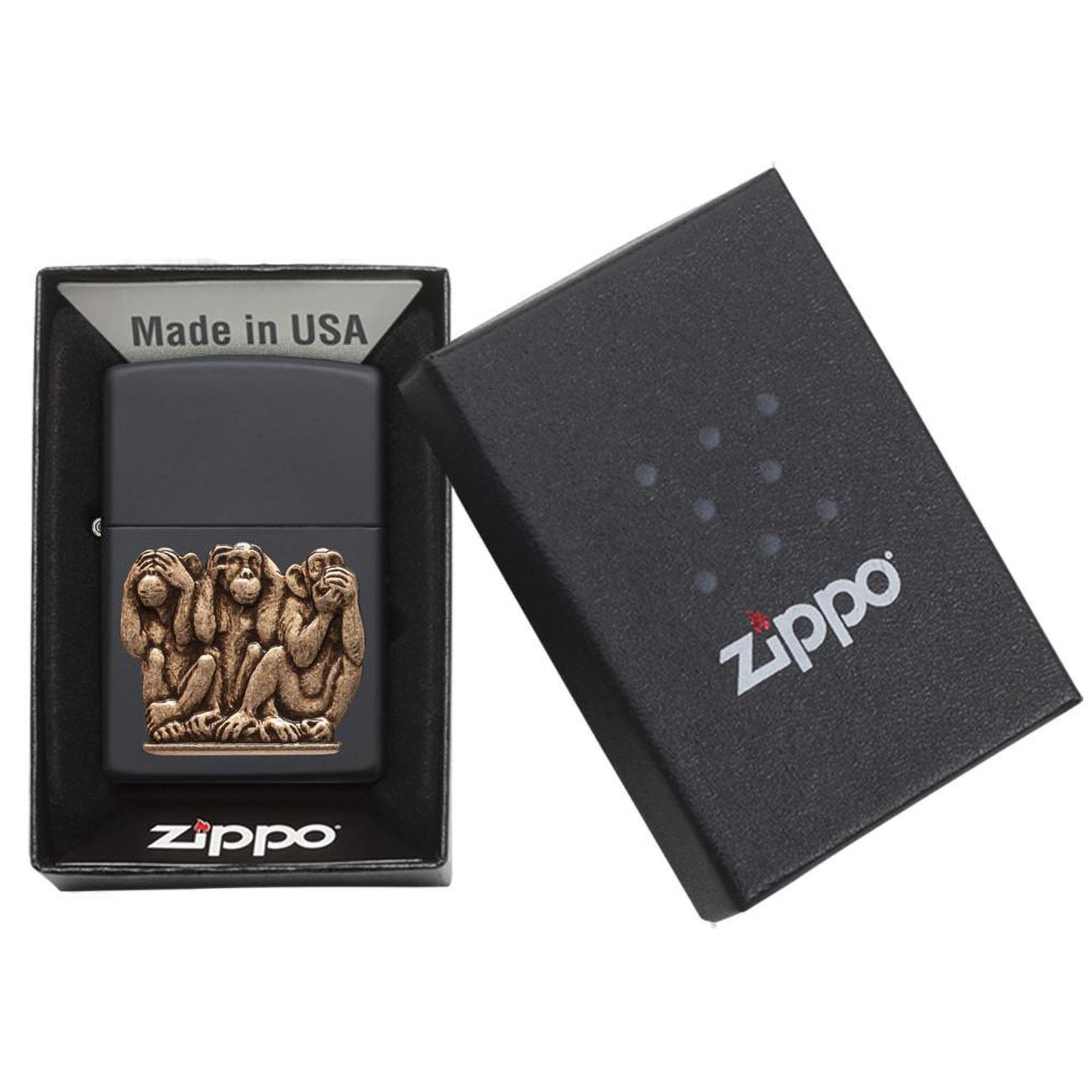 Zippo Windproof Lighter Three Monkeys Black Matte Finish - Clinch River Fishing USA