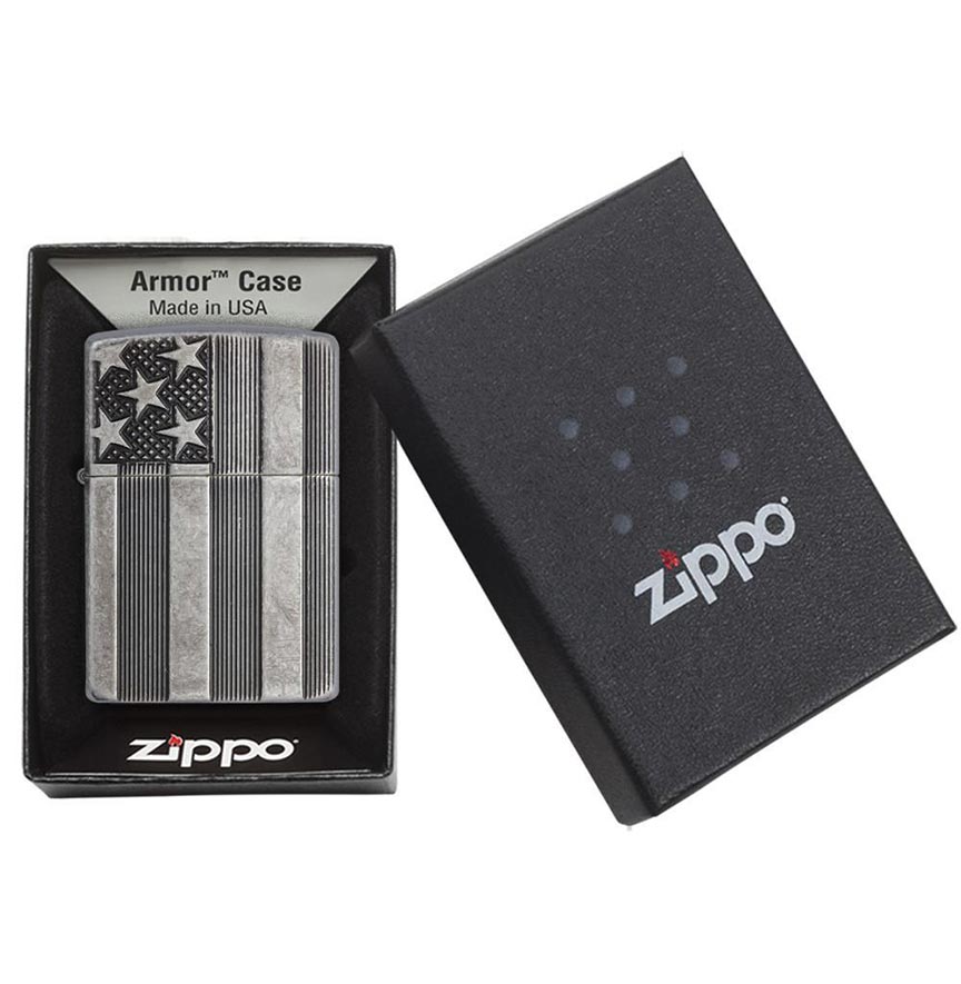 Zippo Windproof Lighter U.s. Flag Armor Case Antique Slilver Plate Finish - Clinch River Fishing USA